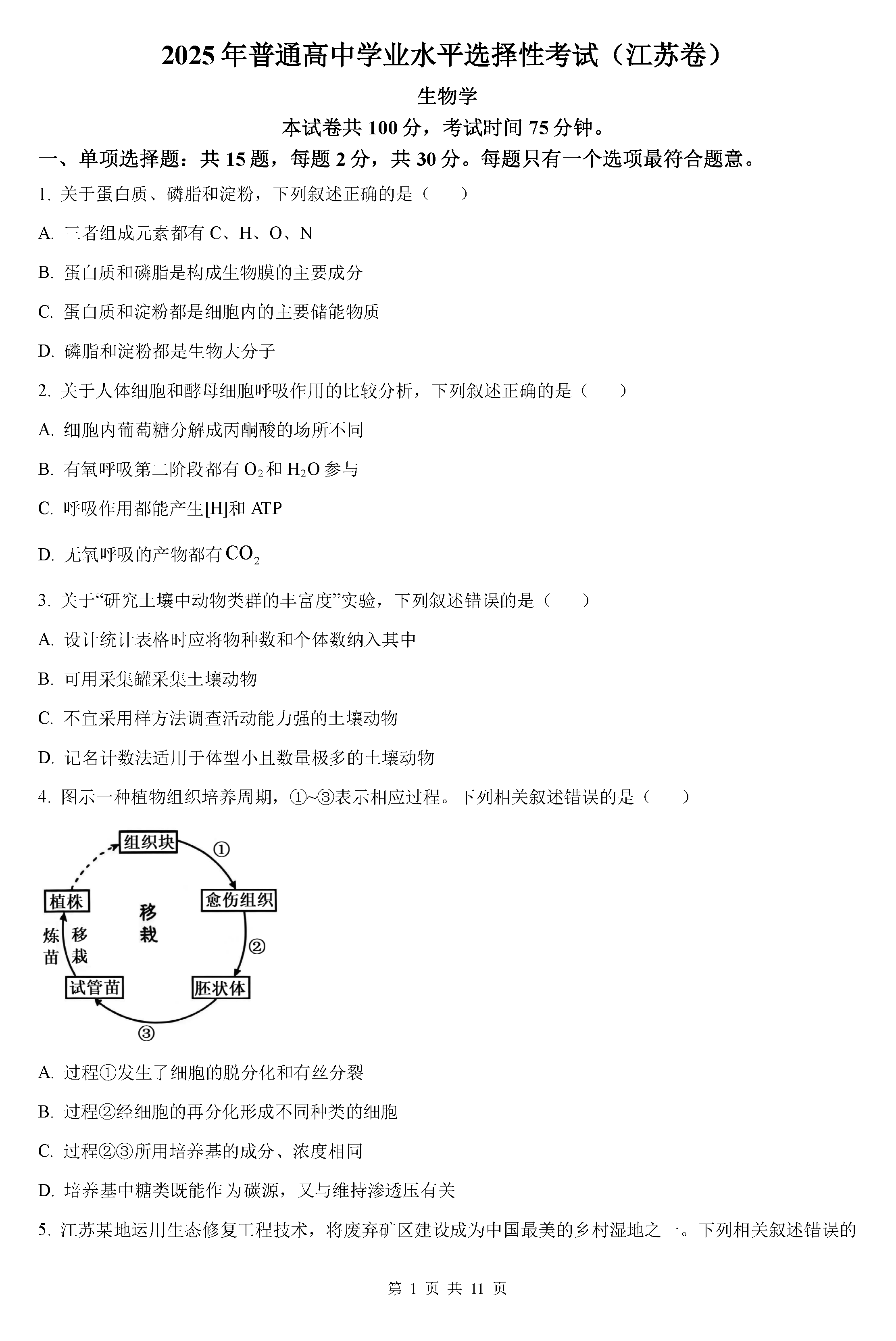 2025年高考江苏卷生物试题及答案解析