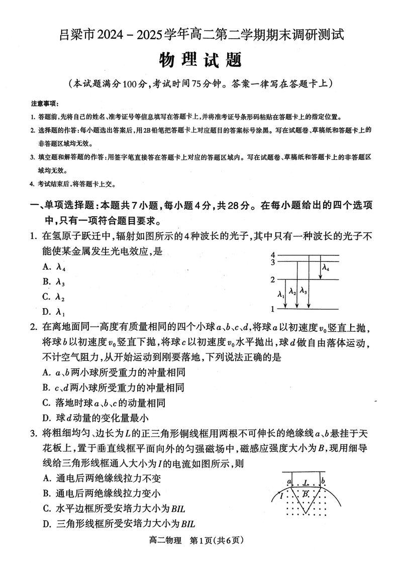 山西吕梁2024-2025学年高二第二学期期末物理试题及答案