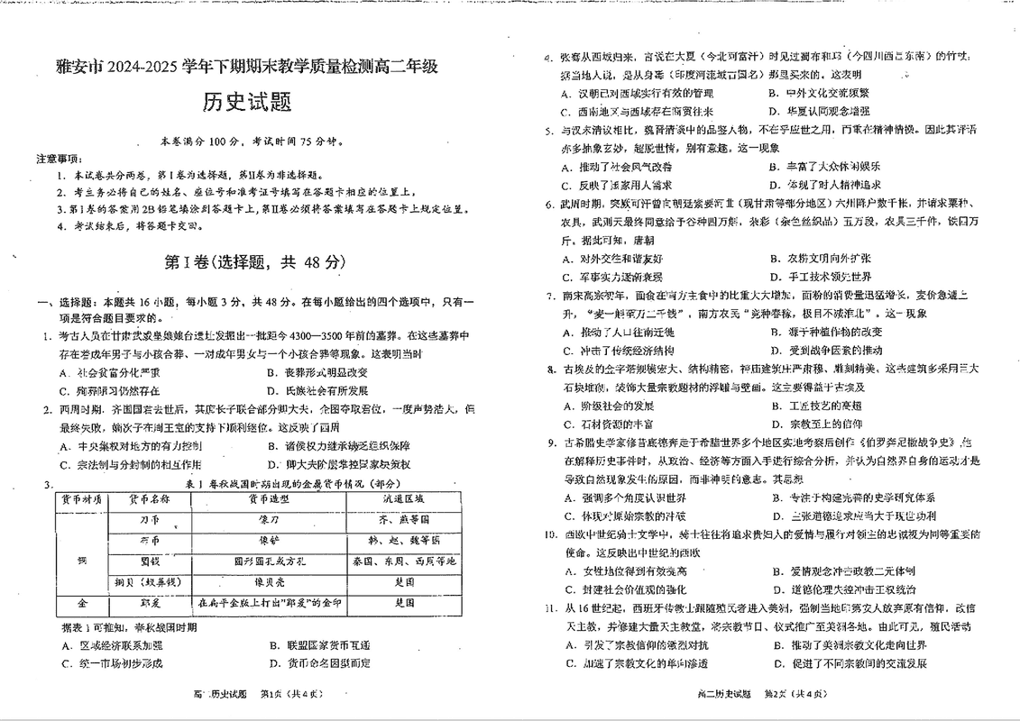雅安市2024-2025学年高二下学期期末质检历史试题及答案